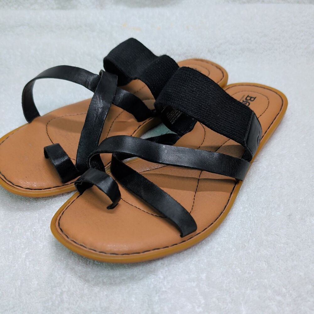 BORN Chai Toe BLACK Loop Strappy Leather Slide Flat Sandal SZ 8